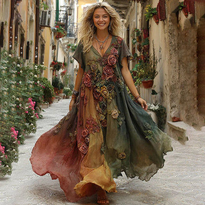 The Sunset Collection Vintage Rose and Floral Gradient Art Linen V-Neck Maxi Dress