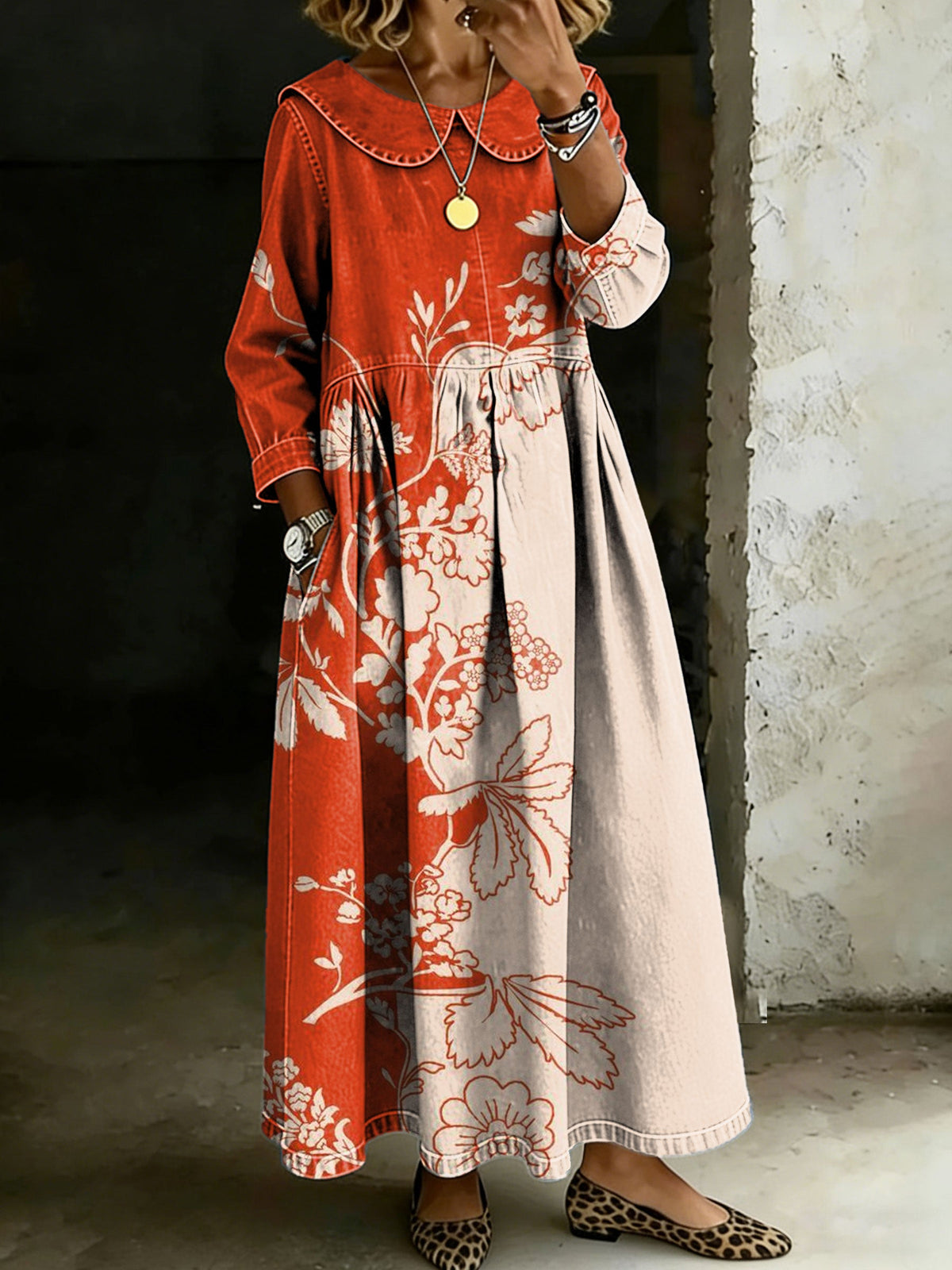 Vintage Flower Peter Pan Collar Long-Sleeved Casual Loose Denim Dress