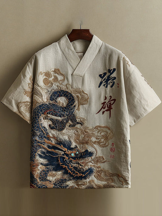 Men's Calligraphy with Dragon Art Print Short-Sleeve Shirt