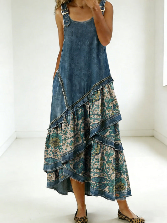 Fashion Floral Denim Design Sleeveless Multi-Layered Ruffled Strap Dress