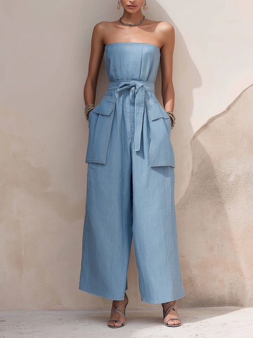 Light Blue Strapless Denim Wide-Leg Jumpsuit with Belted Waist