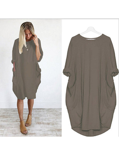 Solid Color Loose Elegant Casual Long-Sleeved Pocket Dress