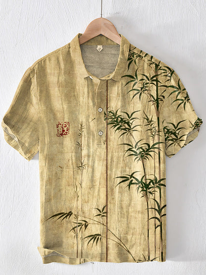 Bamboo Japanese Art Linen Blend Lapel Cozy Shirt