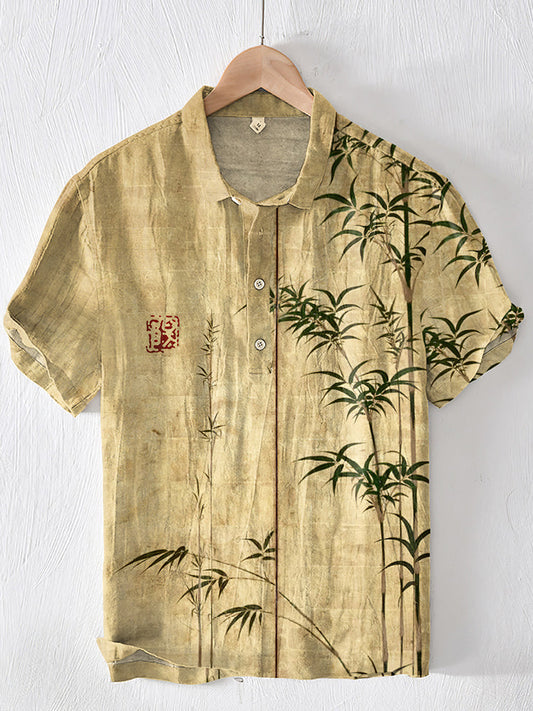 Bamboo Japanese Art Linen Blend Lapel Cozy Shirt