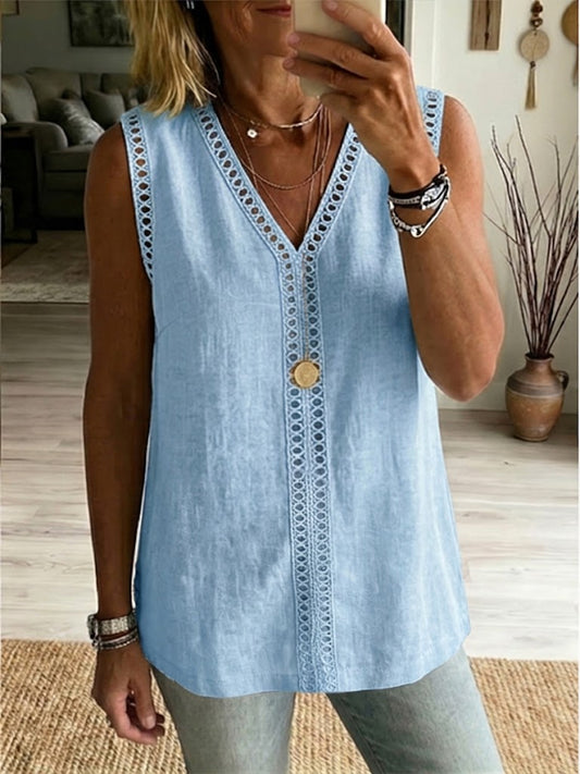 Casual Sleeveless Linen and Cotton Top with Cutout Webbing and Patchwork Detail