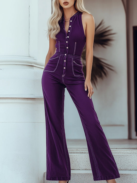 [24-Hour Shipping Out]mysterious Vintage Purple Denim Sleeveless Wide-Leg Jumpsuit