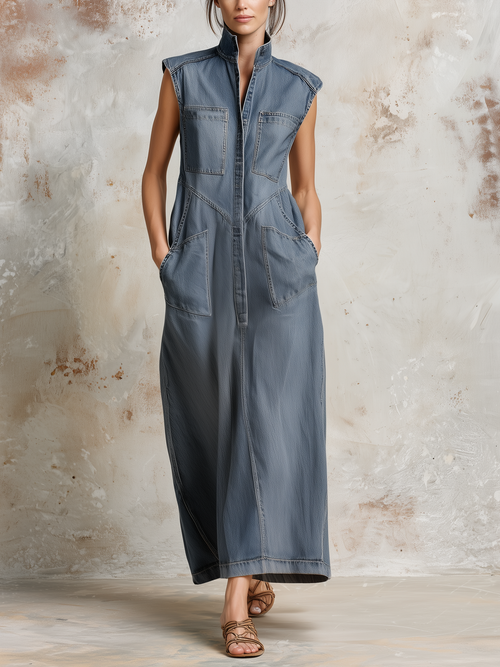 Sleeveless Stand Collar Denim Maxi Dress with Patch Pockets