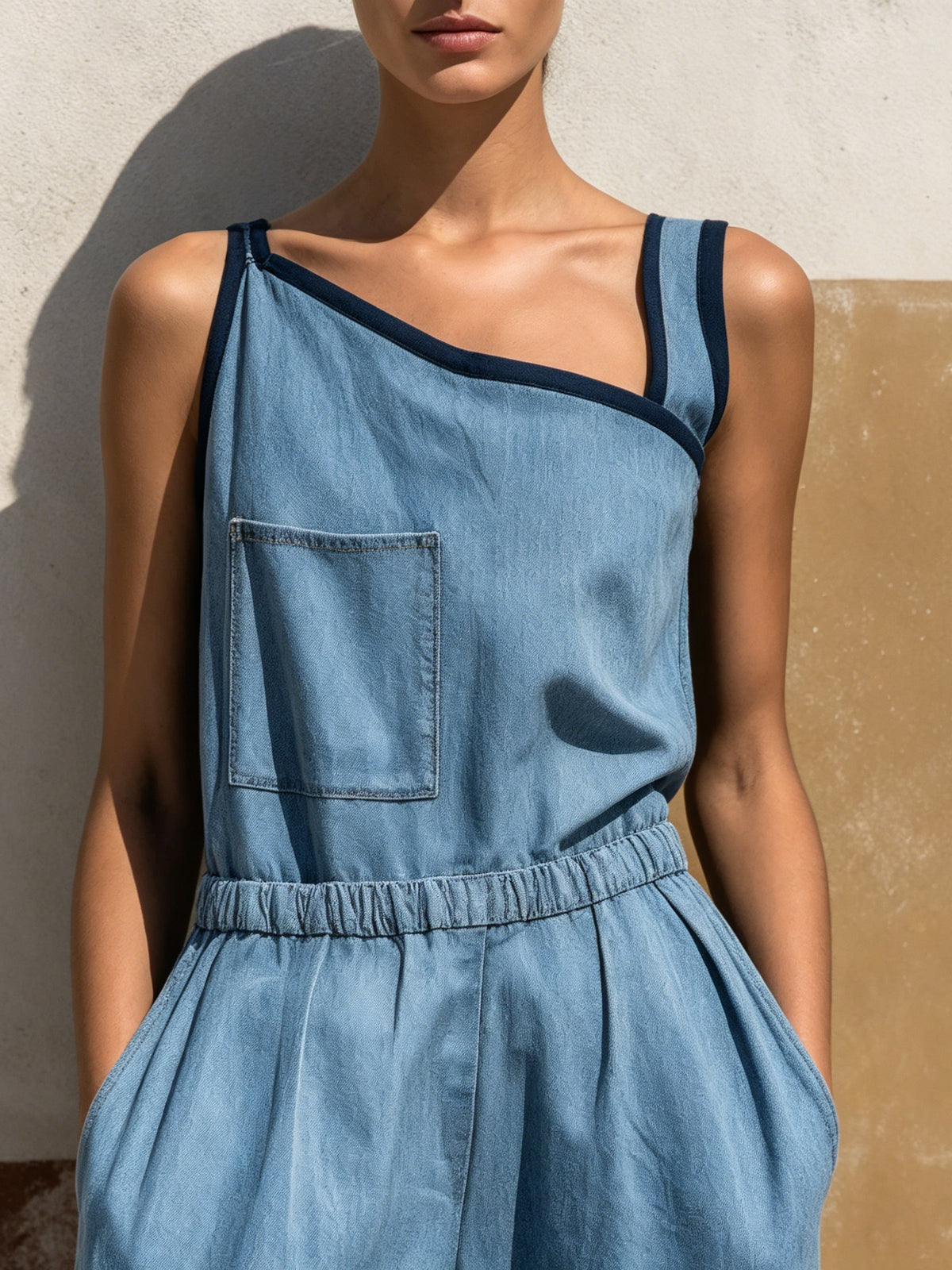 Light Wash Denim Asymmetric Jumpsuit | Elastic Waist with Pockets