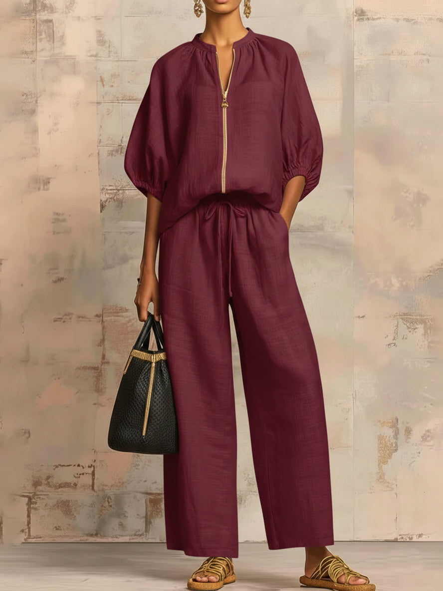 Stylish Cozy Shirt and Wide-Leg Pants Linen Cotton Two-Piece Set