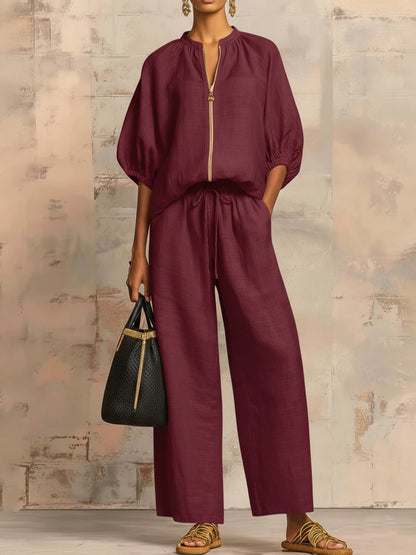 Stylish Cozy Shirt and Wide-Leg Pants Linen Cotton Two-Piece Set