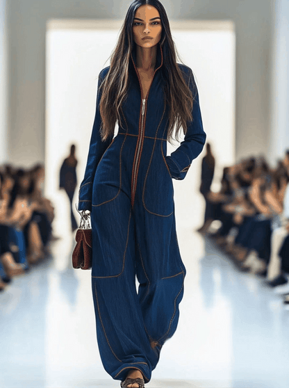 Casual Loose Retro Red Topstitched Denim Wide-Leg Long-Sleeve Jumpsuit