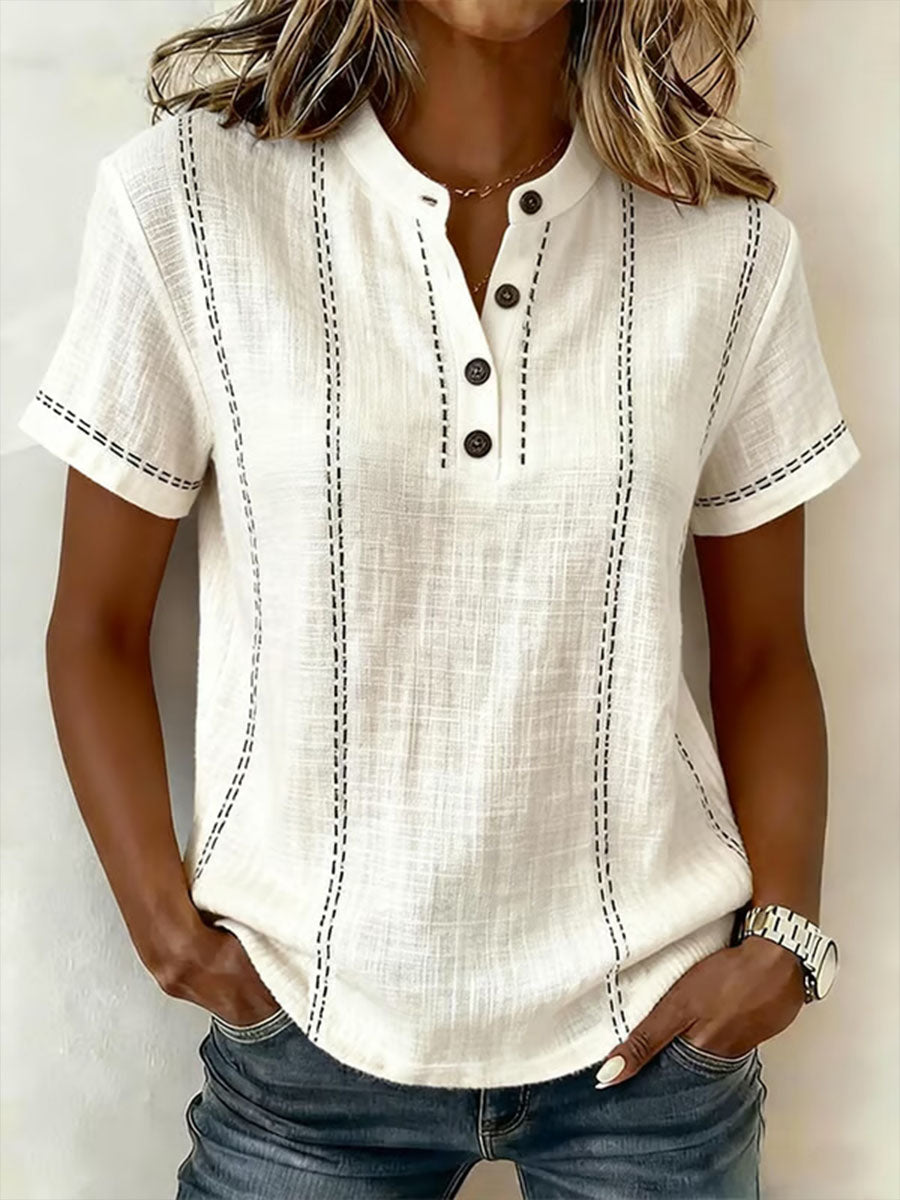 V-Neck Short-Sleeve Casual Loose Cotton-Linen Top