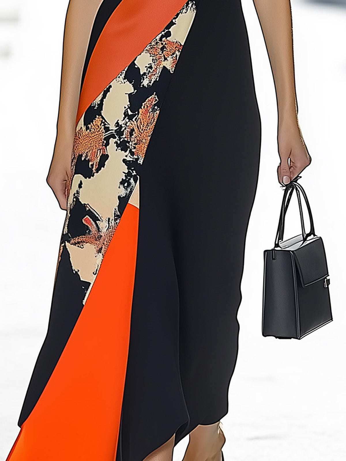 Black Satin Dress with Vibrant Orange and Floral Prints
