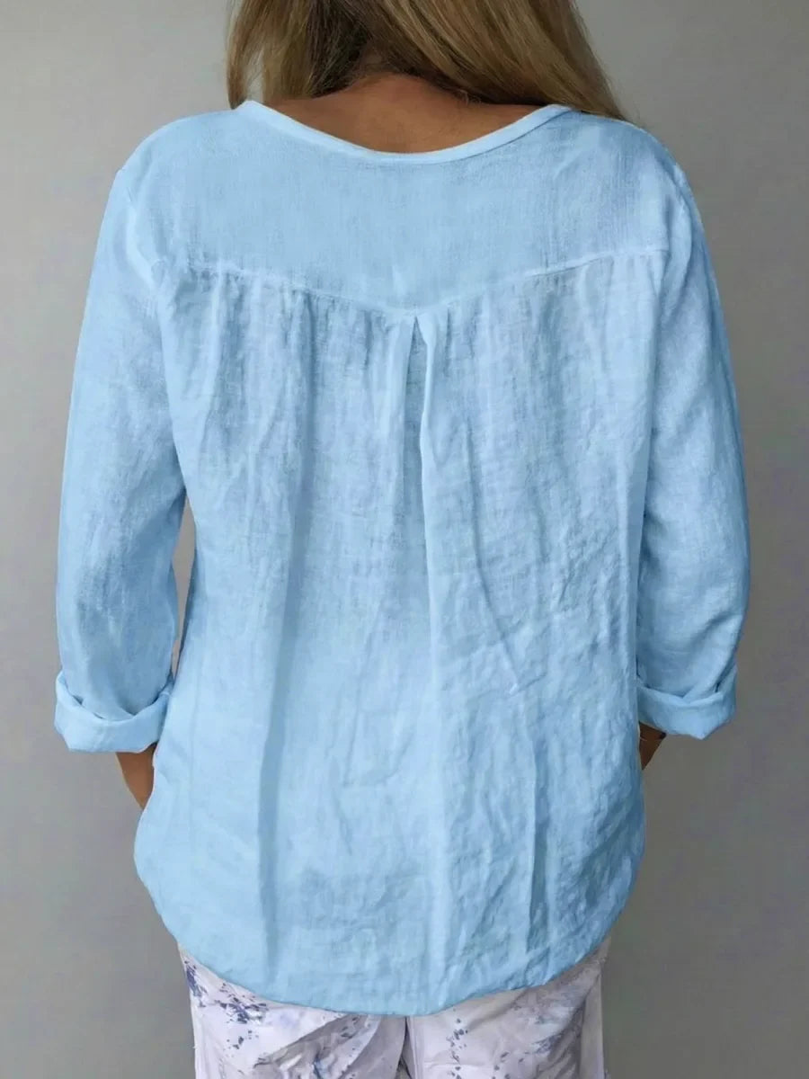 V-Neck Long-Sleeved Cotton and Linen Top
