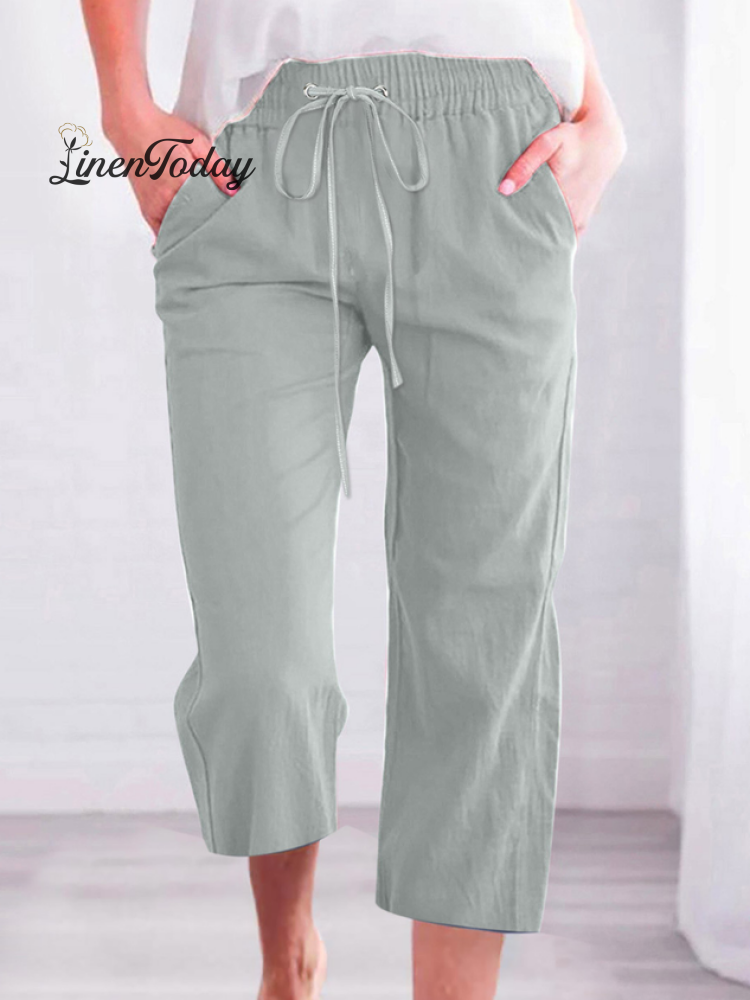 Casual Summer Linen Pants High-Waisted Loose Yoga Sweatpants Crop Pants with Pockets