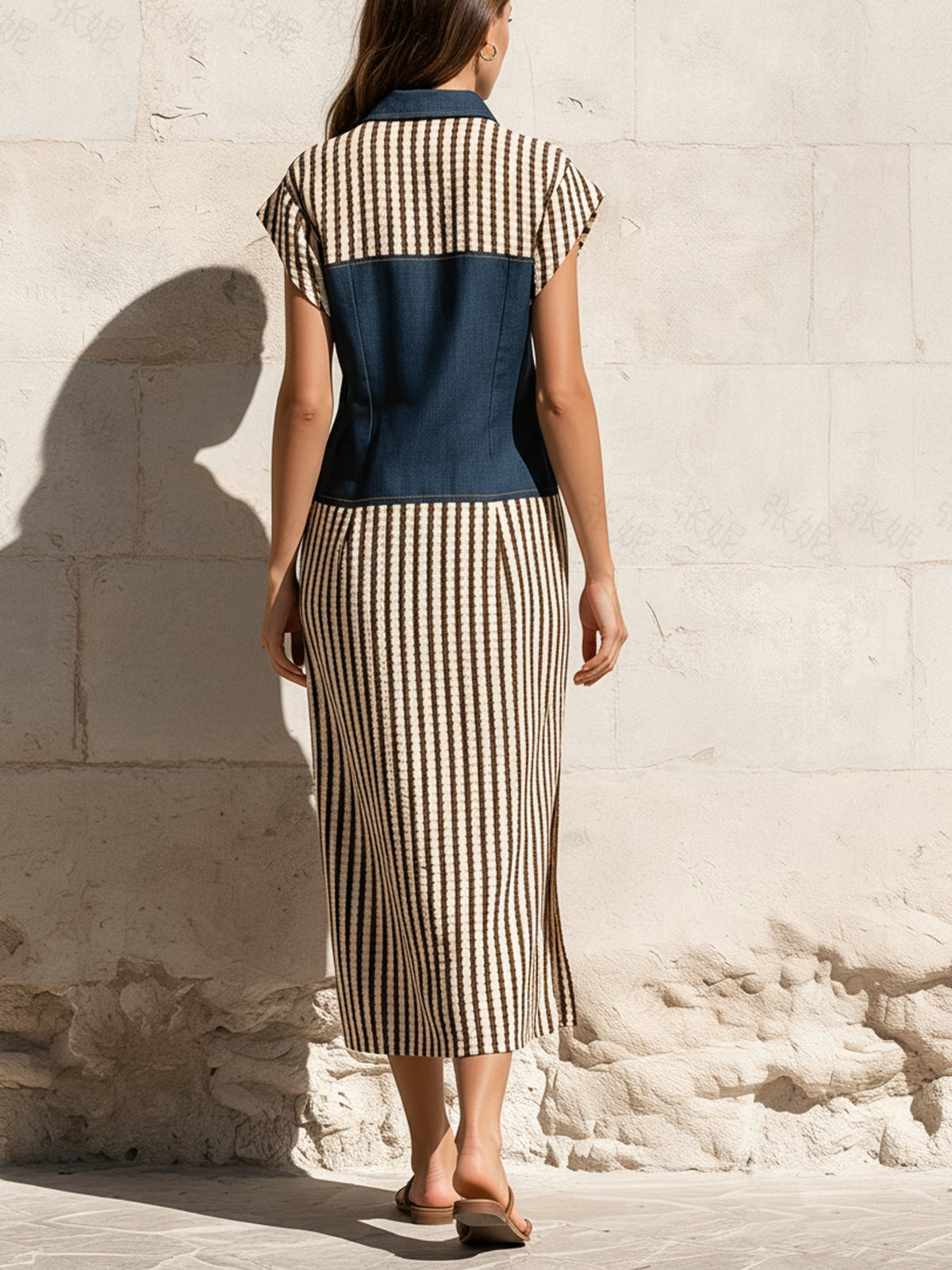 Denim and Stripe Colorblock Shirt Dress | Button-Front Midi Dress