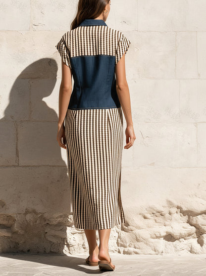 Denim and Stripe Colorblock Shirt Dress | Button-Front Midi Dress