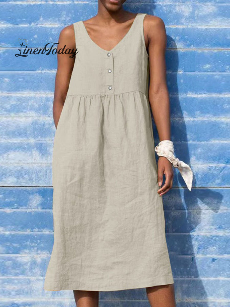 Solid Color Loose Elegant Casual Cotton and Linen Sleeveless Dress