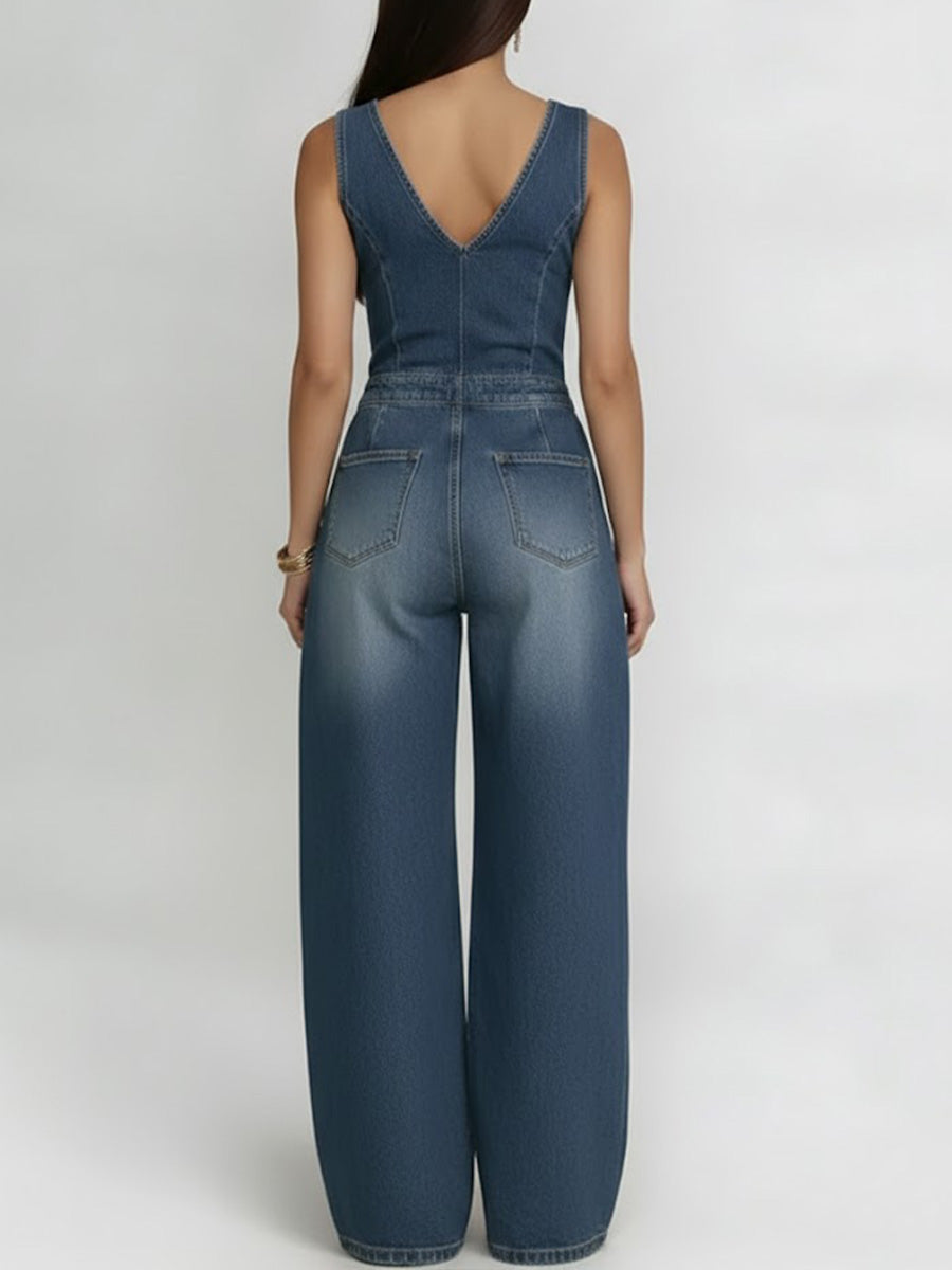 V-Neck Sleeveless Casual Loose Denim Wide-Leg Jumpsuit