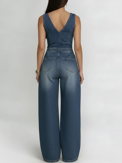 V-Neck Sleeveless Casual Loose Denim Wide-Leg Jumpsuit