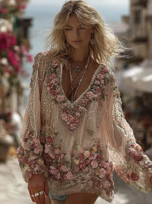 Vintage Rose Diamond Embroidery V-Neck Long-Sleeve Shirt