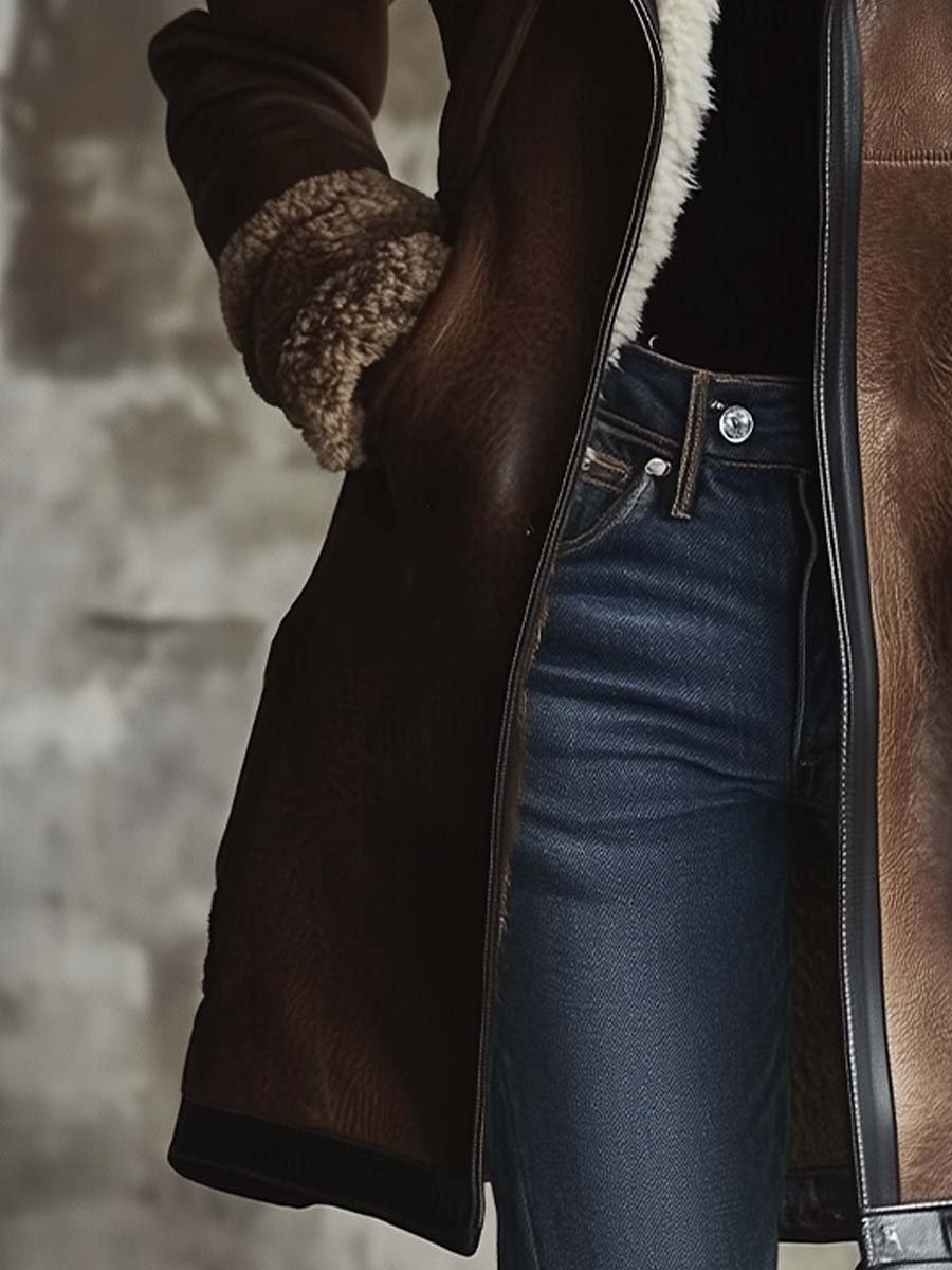 Vintage Contrast Lambskin Collar Faux Leather Coat