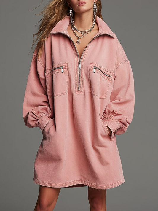 Casual Retro Pink Denim Half-Zip Long-Sleeved Mini Dress