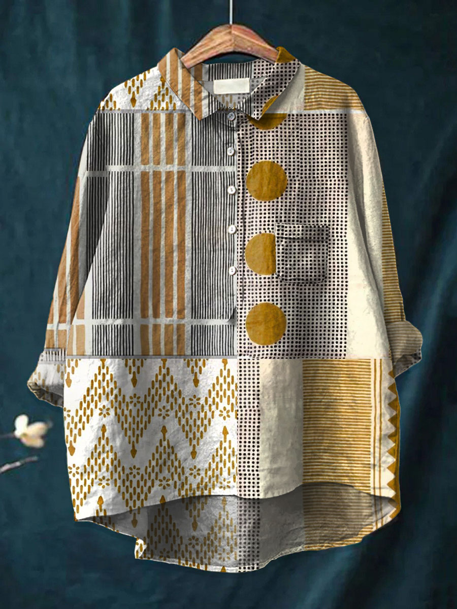 Vintage Abstract Geometry Art Print Casual Cotton and Linen 3/4-Sleeve Shirt