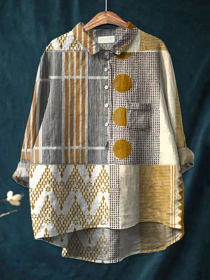 Vintage Abstract Geometry Art Print Casual Cotton and Linen 3/4-Sleeve Shirt
