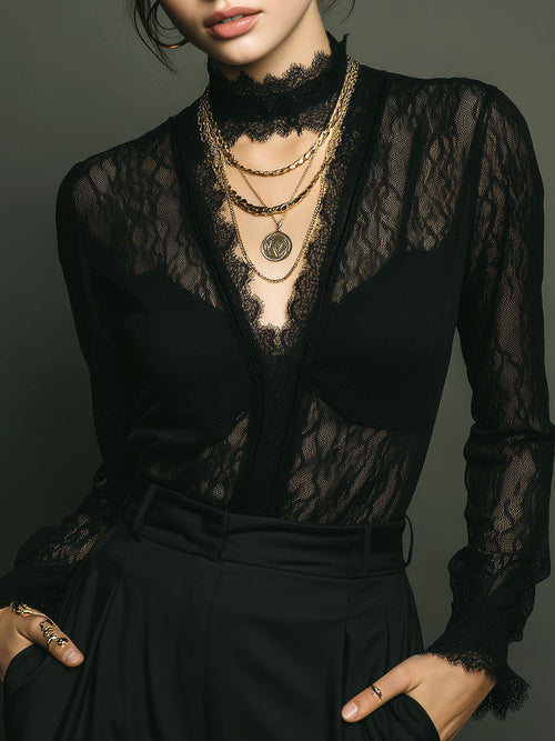 Sheer Black Lace Deep V Blouse with Vintage Gothic Long-Sleeve Shirt with Scalloped Trim