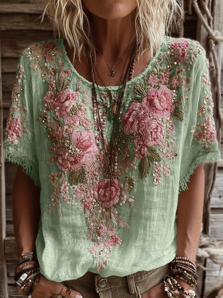 Pink Rose Embroidery Art Round Neck Short-Sleeve Linen Blend T-Shirt