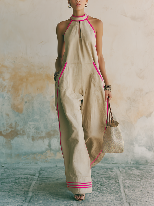 Neon Pink Trim Halter Neck Linen Jumpsuit | Relaxed Fit Wide-Leg Vacation Overall
