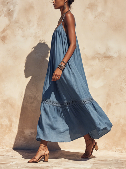 Halter Neck Flowy Maxi Dress with Crochet Trim and Pockets