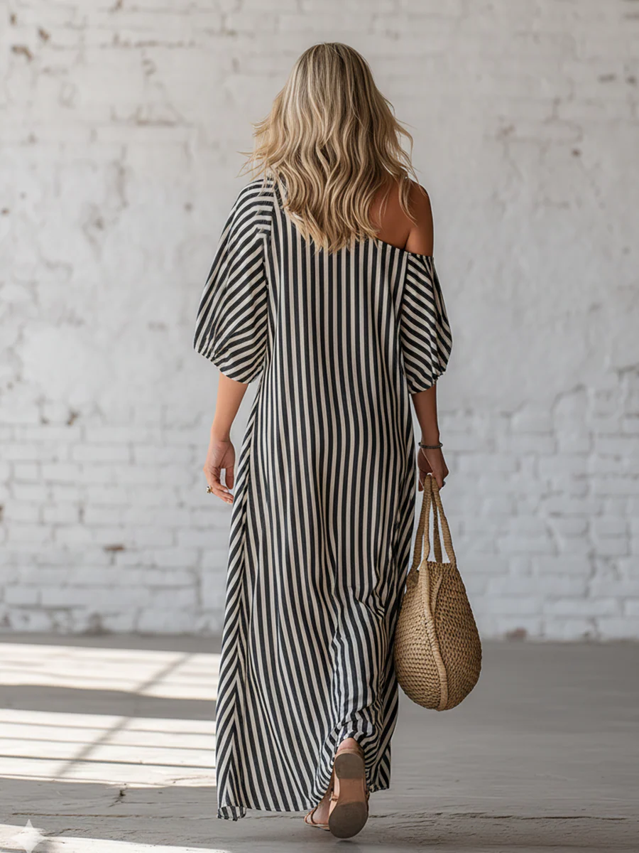 Elegant and Classic Striped Off-Shoulder Maxi Dress