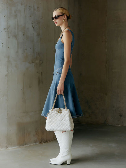 Fashionable Retro Blue Denim V-Neck Sleeveless A-Line Midi Dress