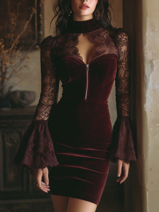 Velvet and Lace Bodycon Mini Dress in Burgundy