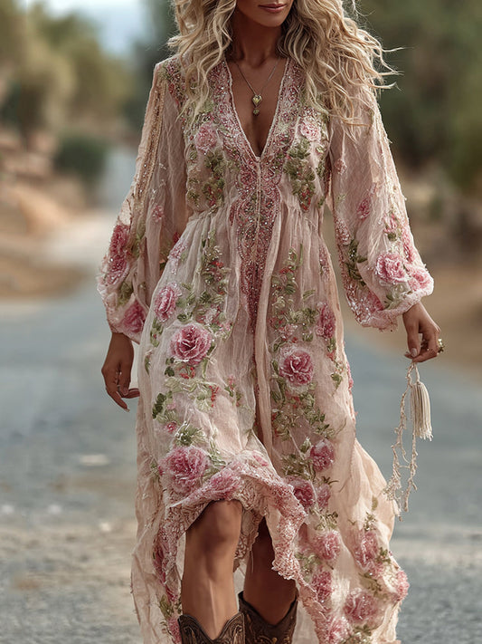 Vintage Rose Embroidery Art Comfy Linen Maxi Dress