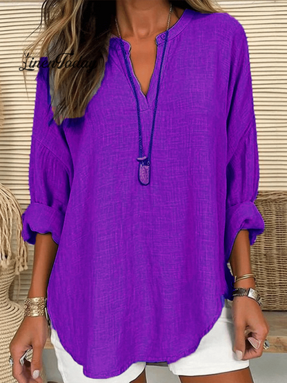 Cotton Long-Sleeve Round Neck Solid Color Loose Beach Shirt