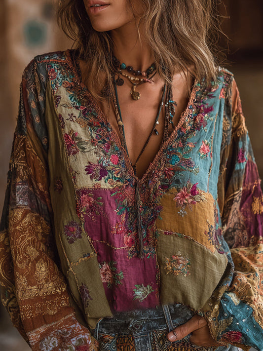 Bohemian Style Embroidered Flower Vacation Long-Sleeved V-Neck Worn-Out Long-Sleeved Top