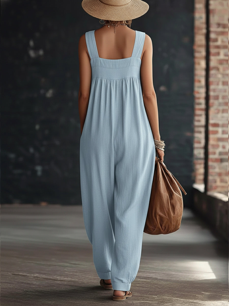 Casual Linen and Cotton Sleeveless Jumpsuit