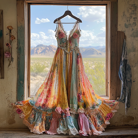 Windowsill Summer Romantic Rose Lace Ruffle Maxi Dress 38fd