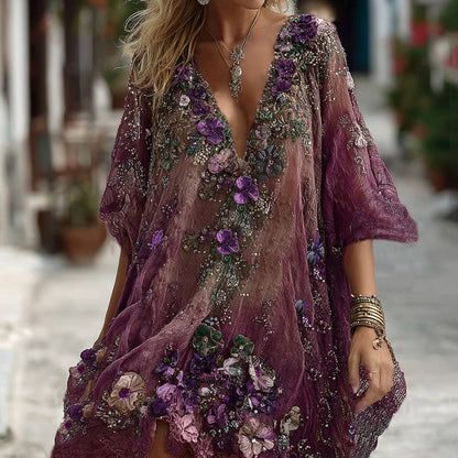 Pansy Embroidered Sequined Short-Sleeve Midi Dress