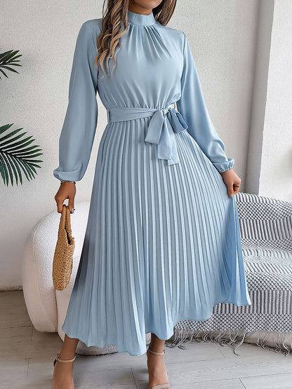 Stand-Up Collar Long-Sleeved Lace Up Pleated Dress