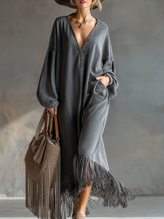 Elegant Silhouette Grey Denim Tassel Long-Sleeve Maxi Dress