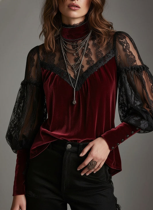 Elegant Velvet and Lace Victorian-Inspired Blouse