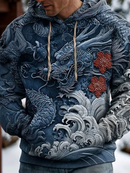 Japanese Dragon and Ocean Art Men's Hooded Sweatshirt