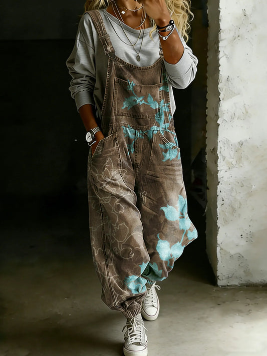 Vintage Abstract Ethnic Floral Art Print Casual One Piece Denim Jumpsuit