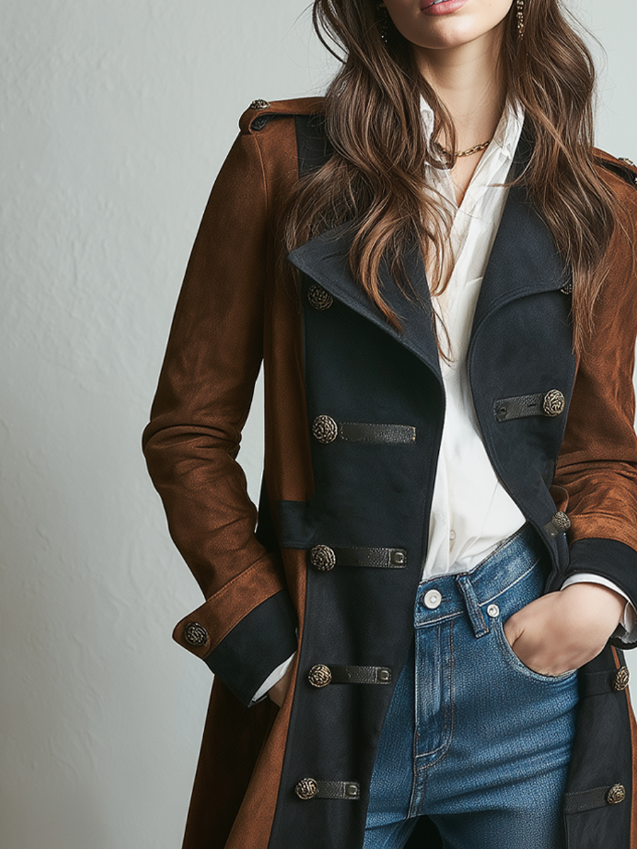 Retro Contrast Color Military Style Eco-Friendly Suede Coat