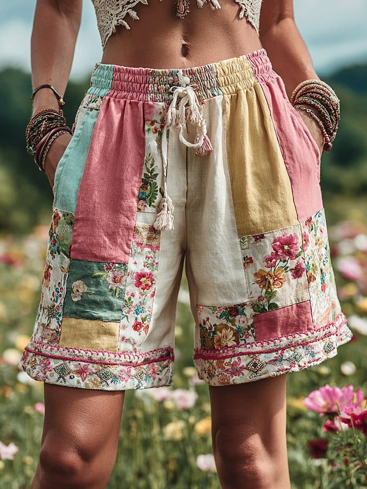 Patchwork Floral Contrast Waist Drawstring Pocket Shorts