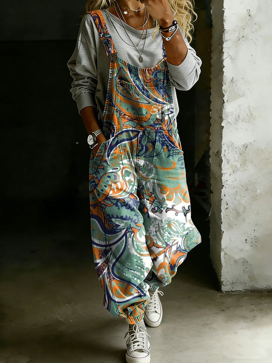 Vintage Ethnic Floral Art Print Casual One Piece Denim Jumpsuit